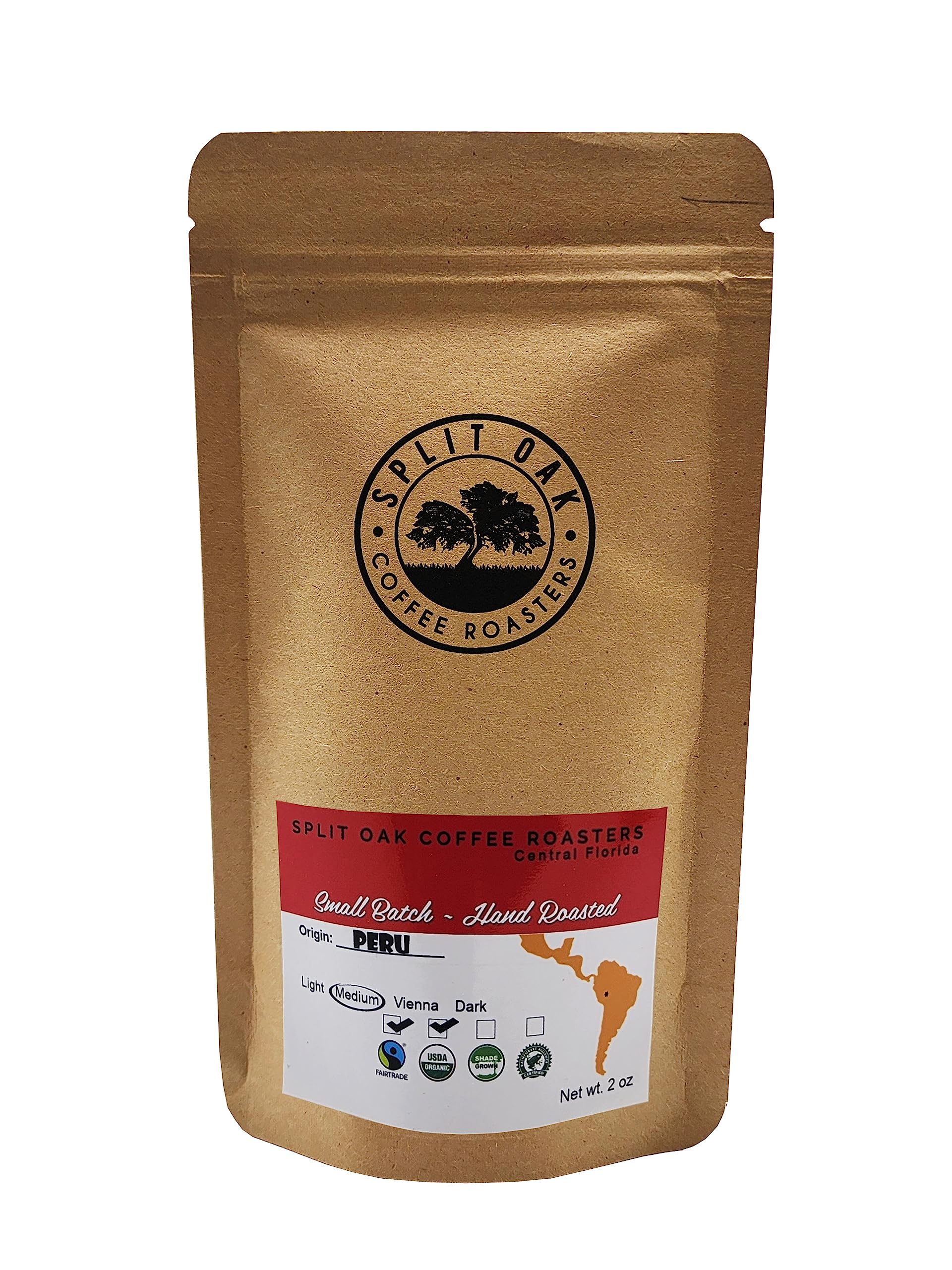 Split Oak Coffee Roasters beans beside a ruler to show the compact 2oz sample size