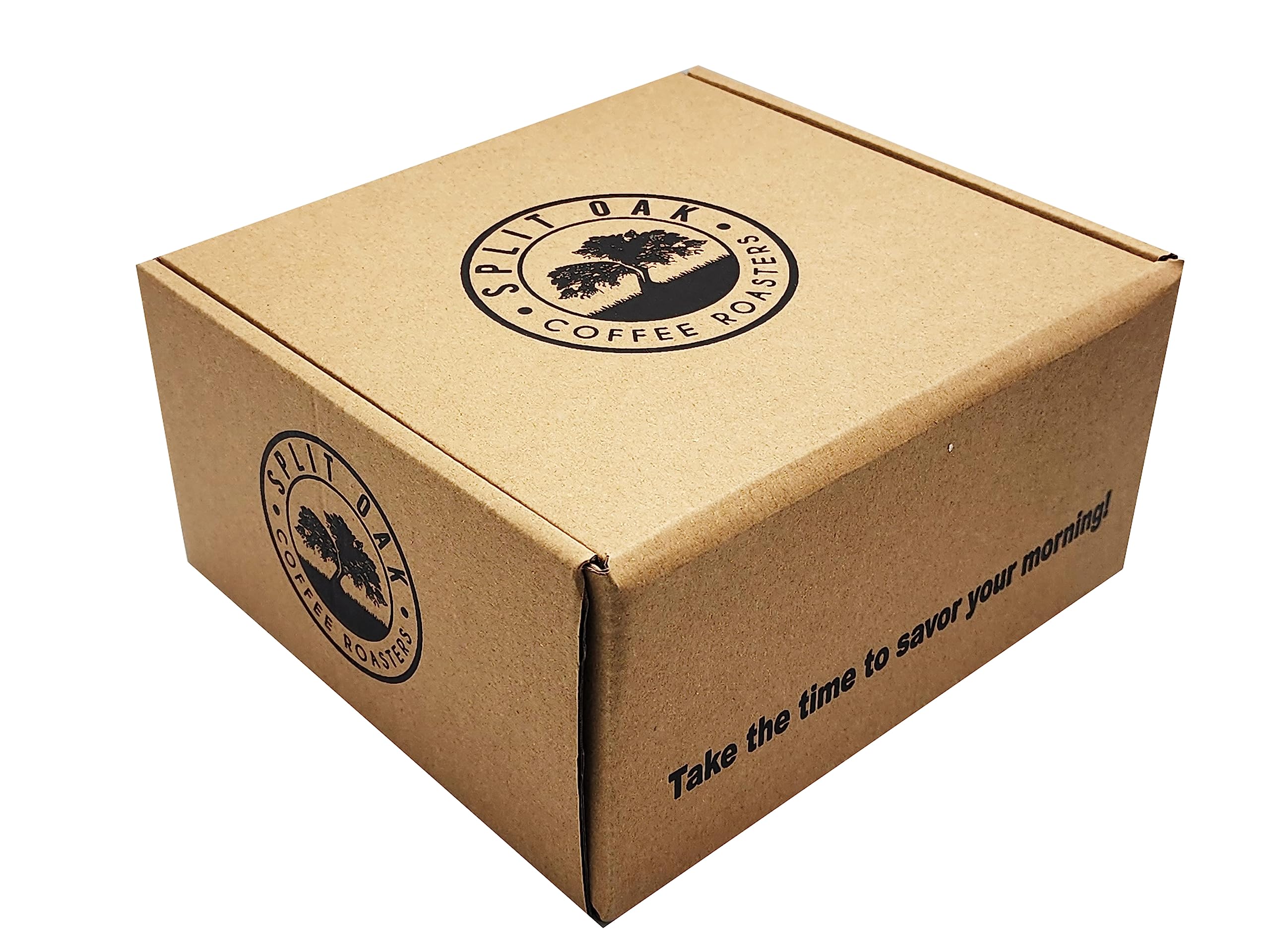 Split Oak Coffee Roasters gift box open with nine bags visible for gift-ready presentation