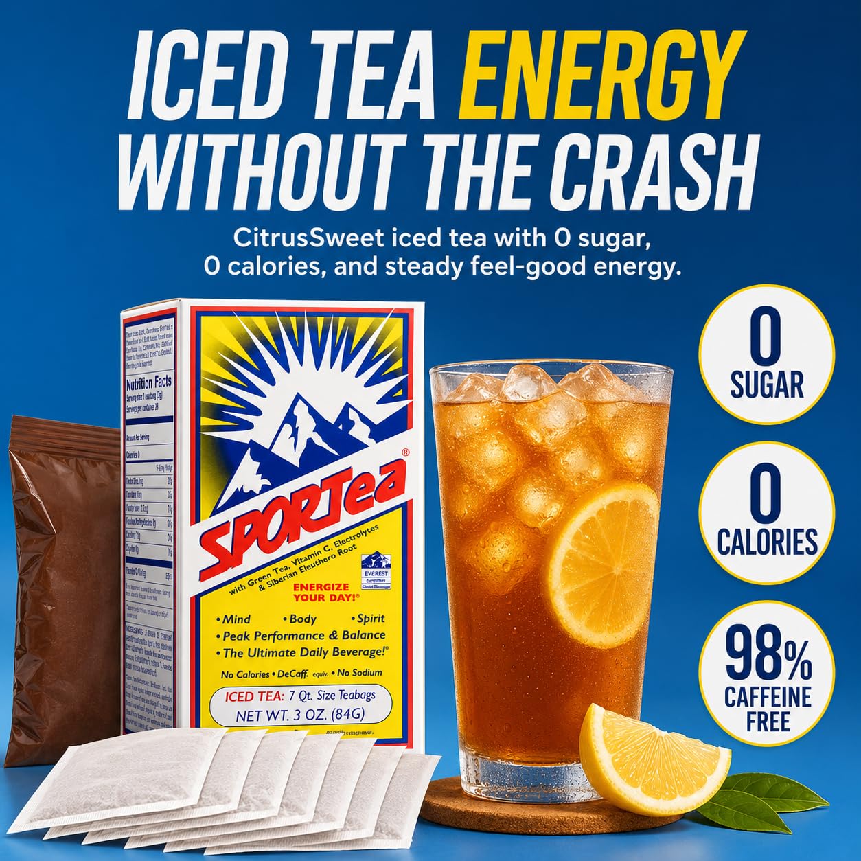 SPORTea poured in glass over ice showing refreshing CitrusSweet flavor benefit