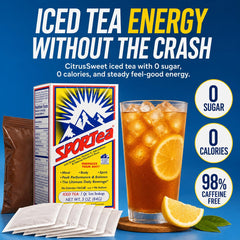 SPORTea poured in glass over ice showing refreshing CitrusSweet flavor benefit