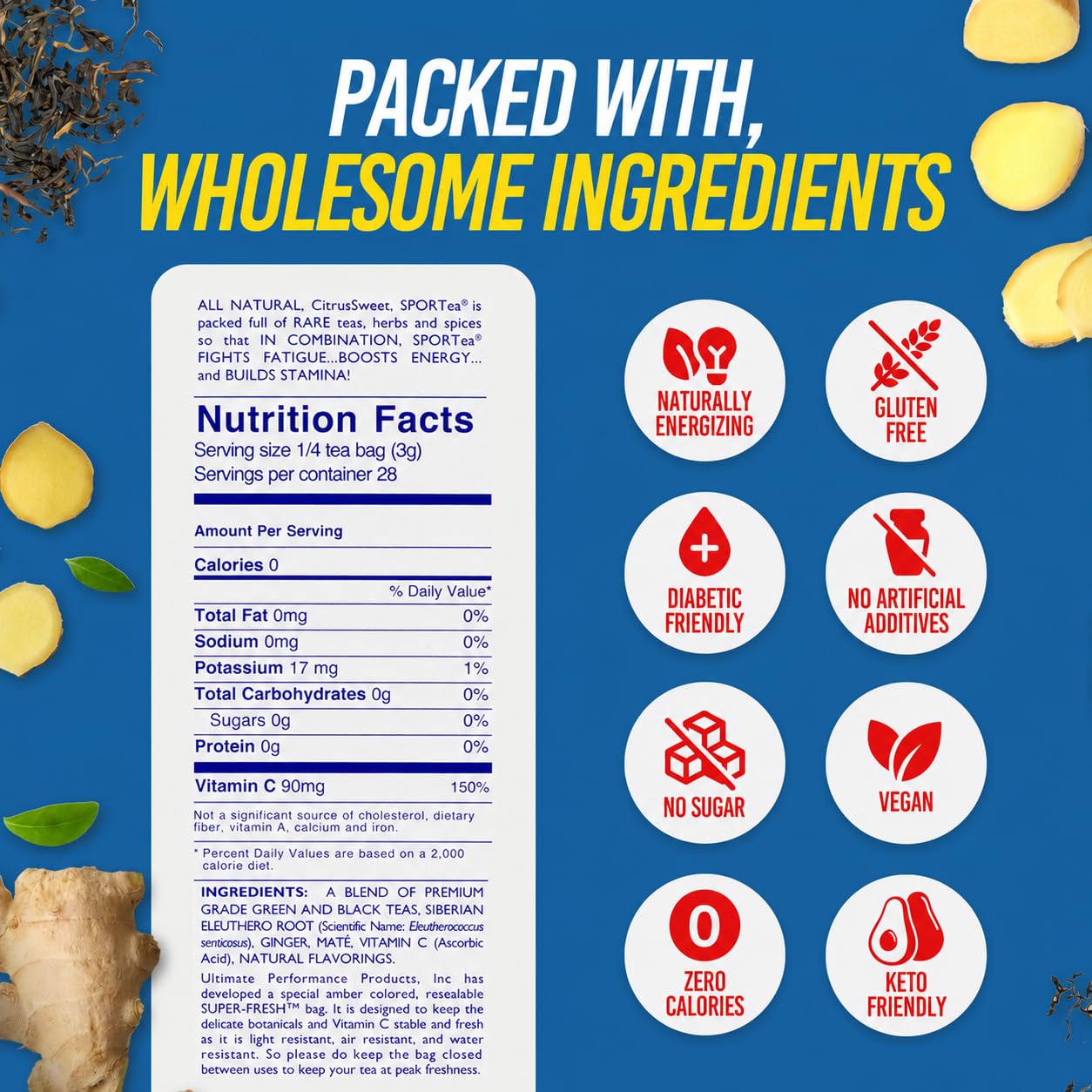 SPORTEA nutrition label close-up showing zero sugar and zero calories