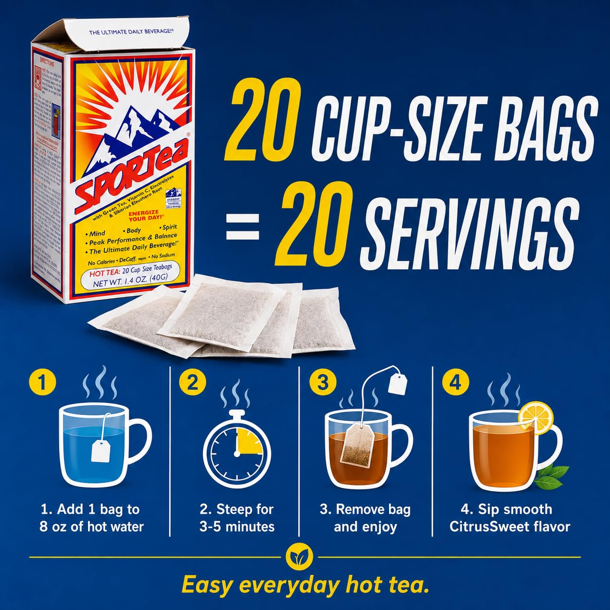 SPORTEA next to a measuring cup showing standard-size tea bag scale