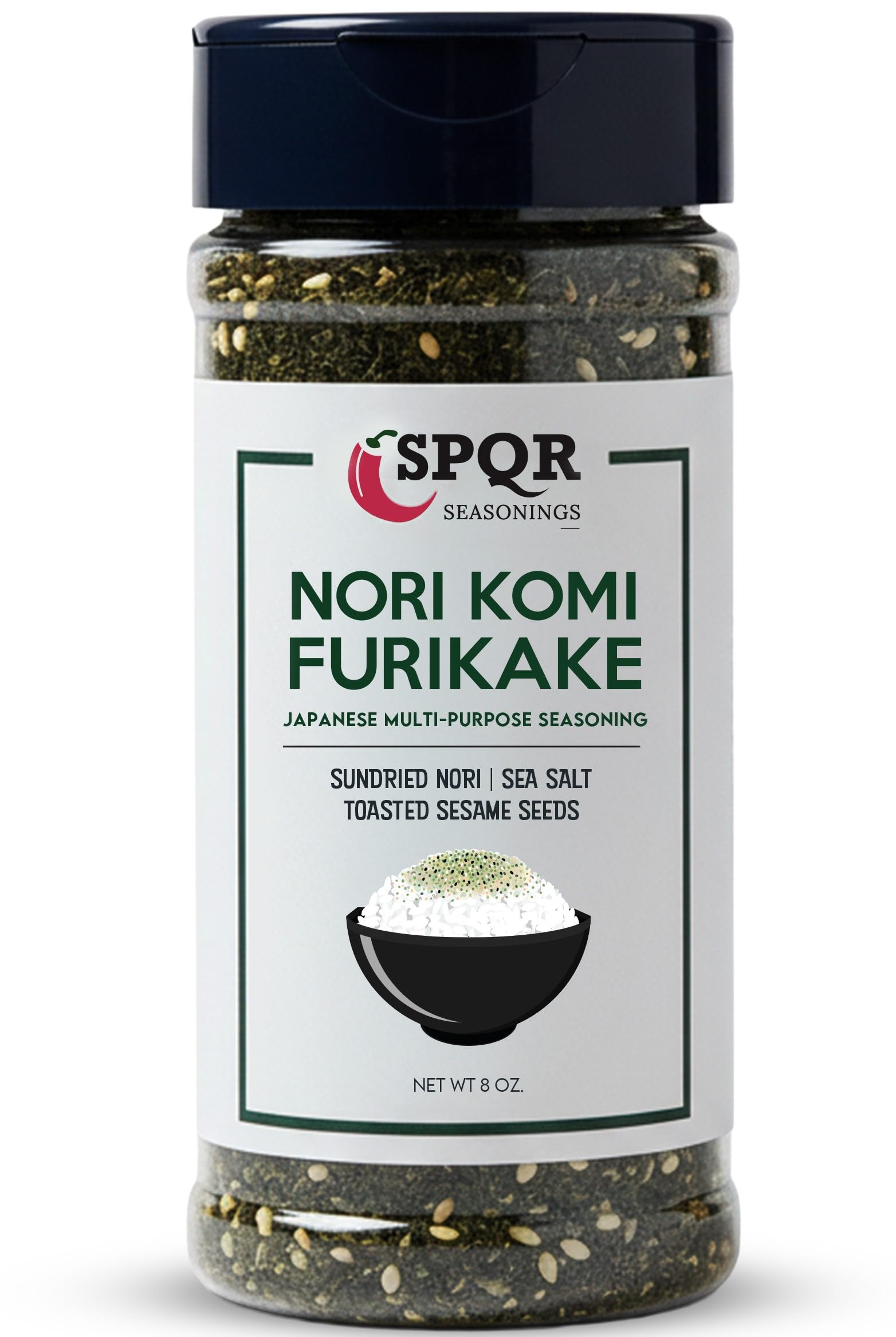 SPQR Seasonings front jar showing label and 8 oz size, clear benefit: pantry-ready seasoning