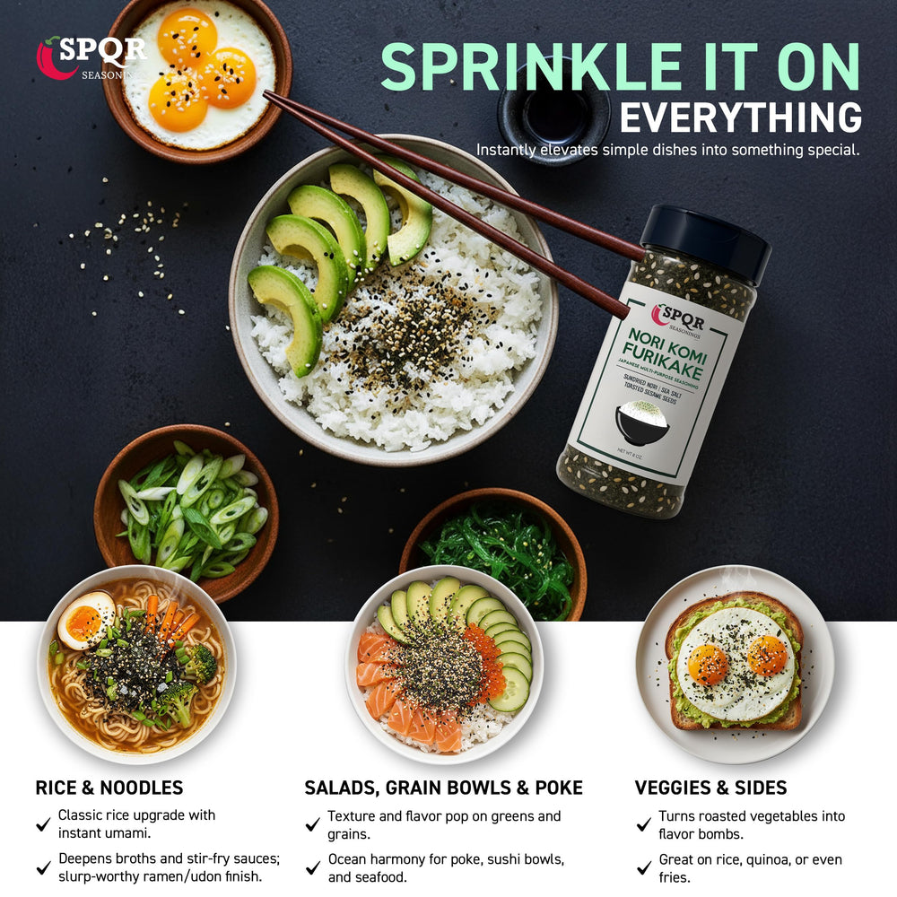 SPQR Seasonings sprinkled over a rice bowl adding savory texture and quick flavor boost