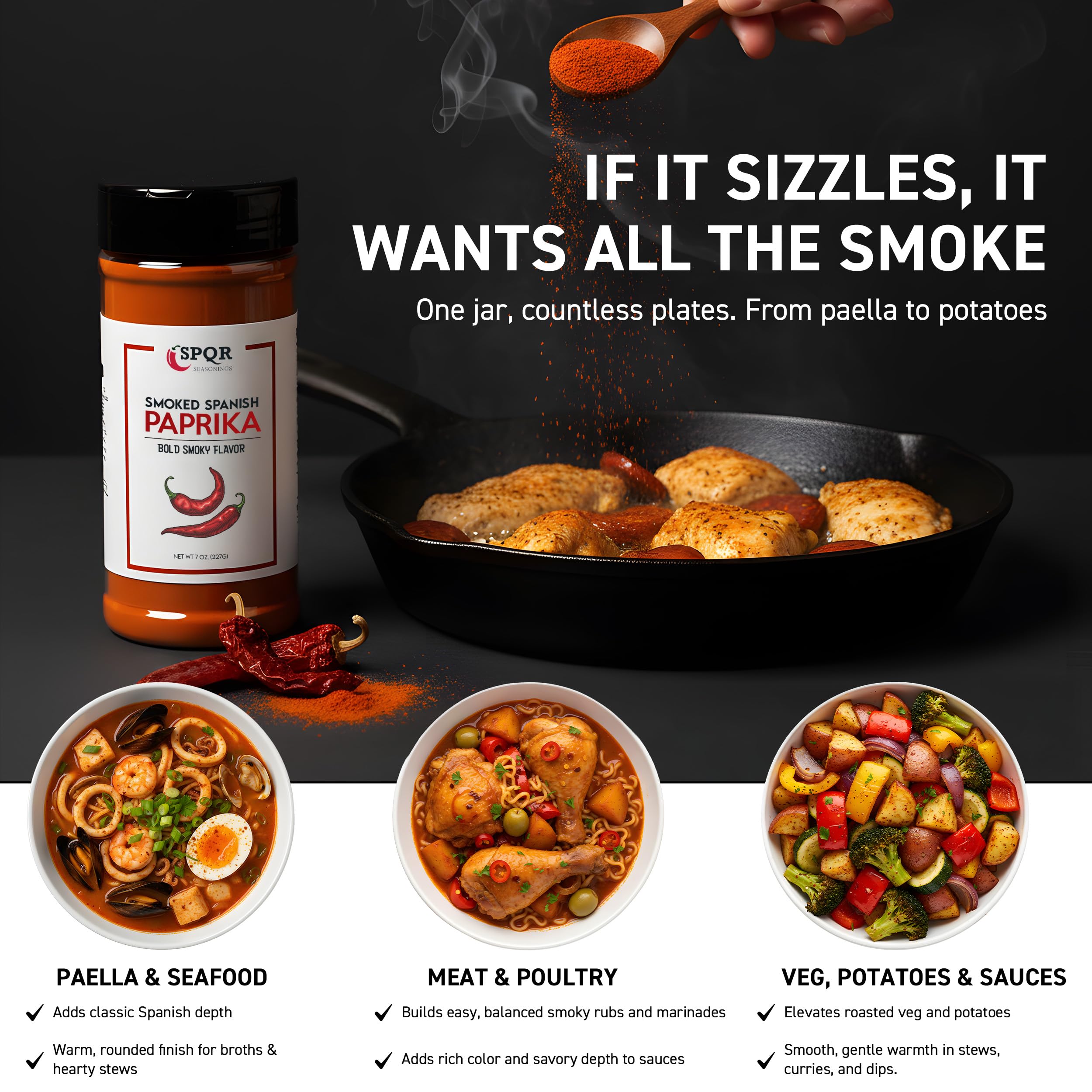 SPQR Seasonings smoked paprika jar beside paella adding authentic Spanish aroma
