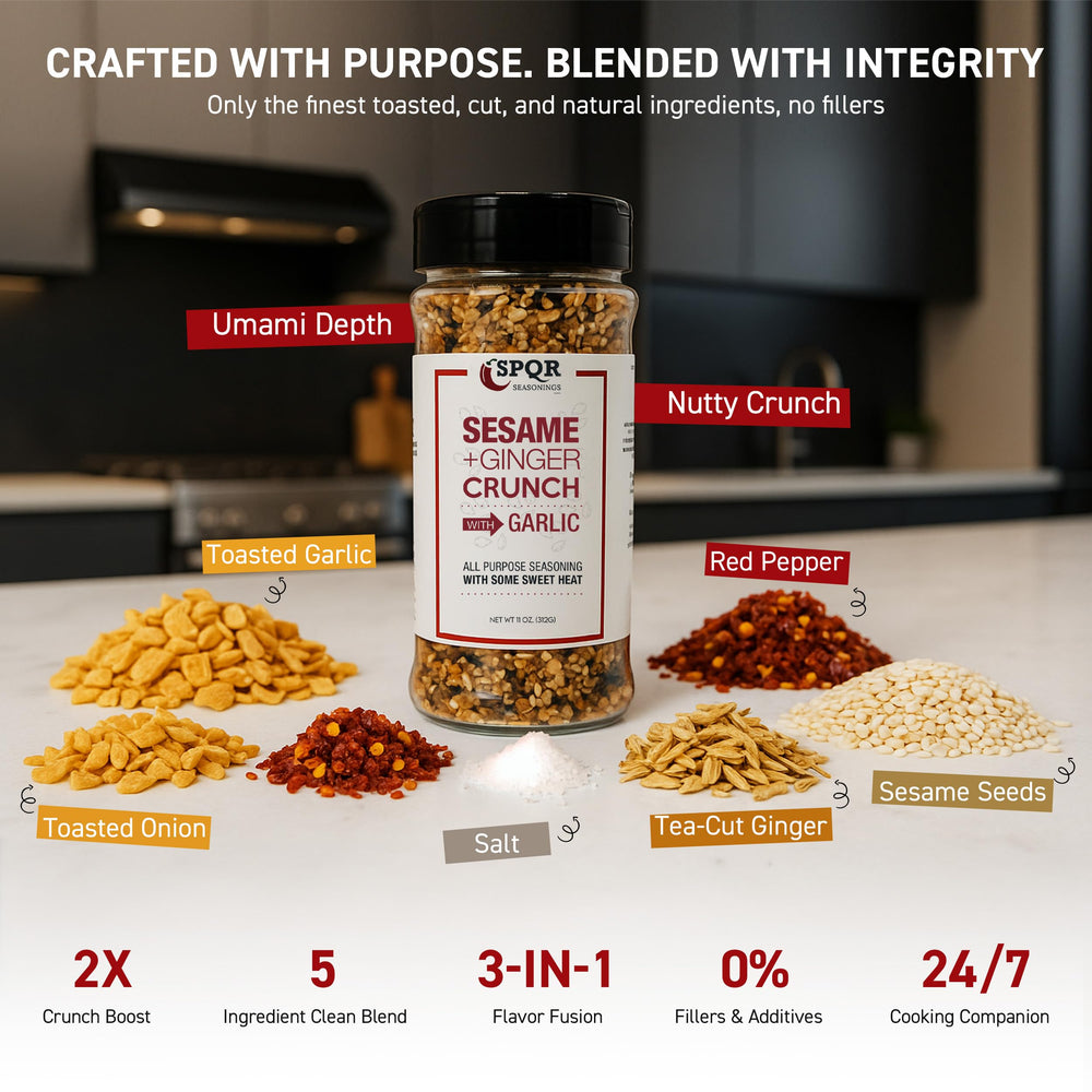 SPQR Seasonings close-up texture revealing sesame bits and crunchy benefit
