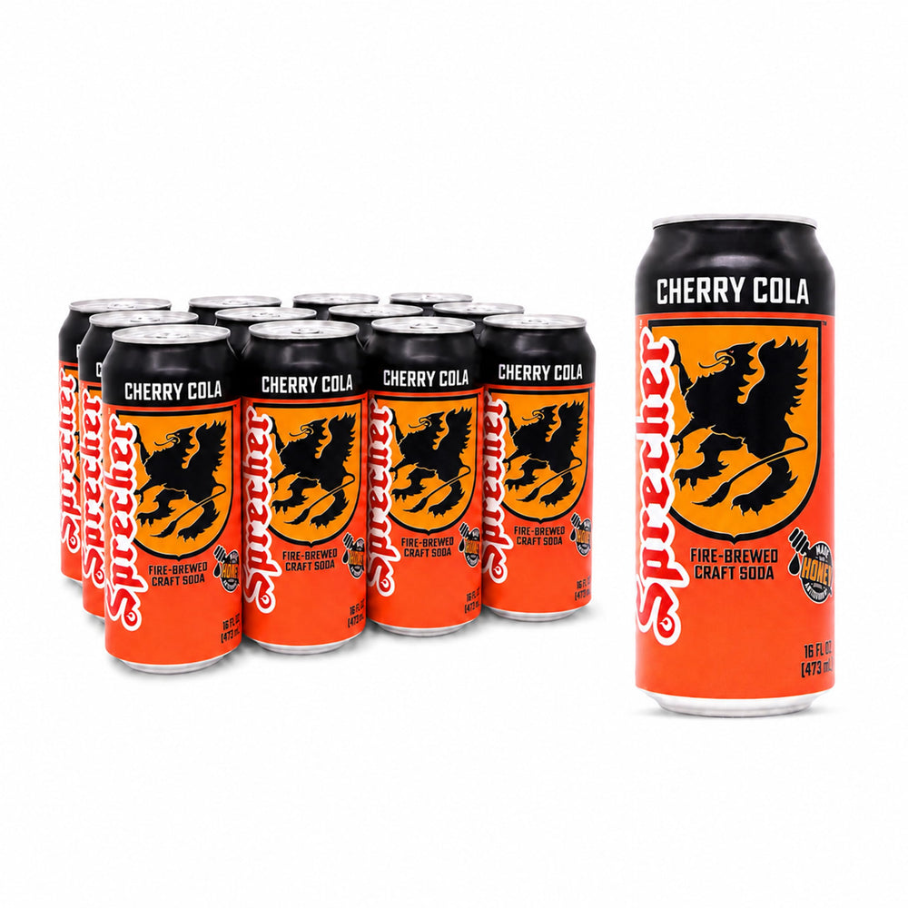 Sprecher front packaging of 12-pack showing bold cherry cola branding and benefit