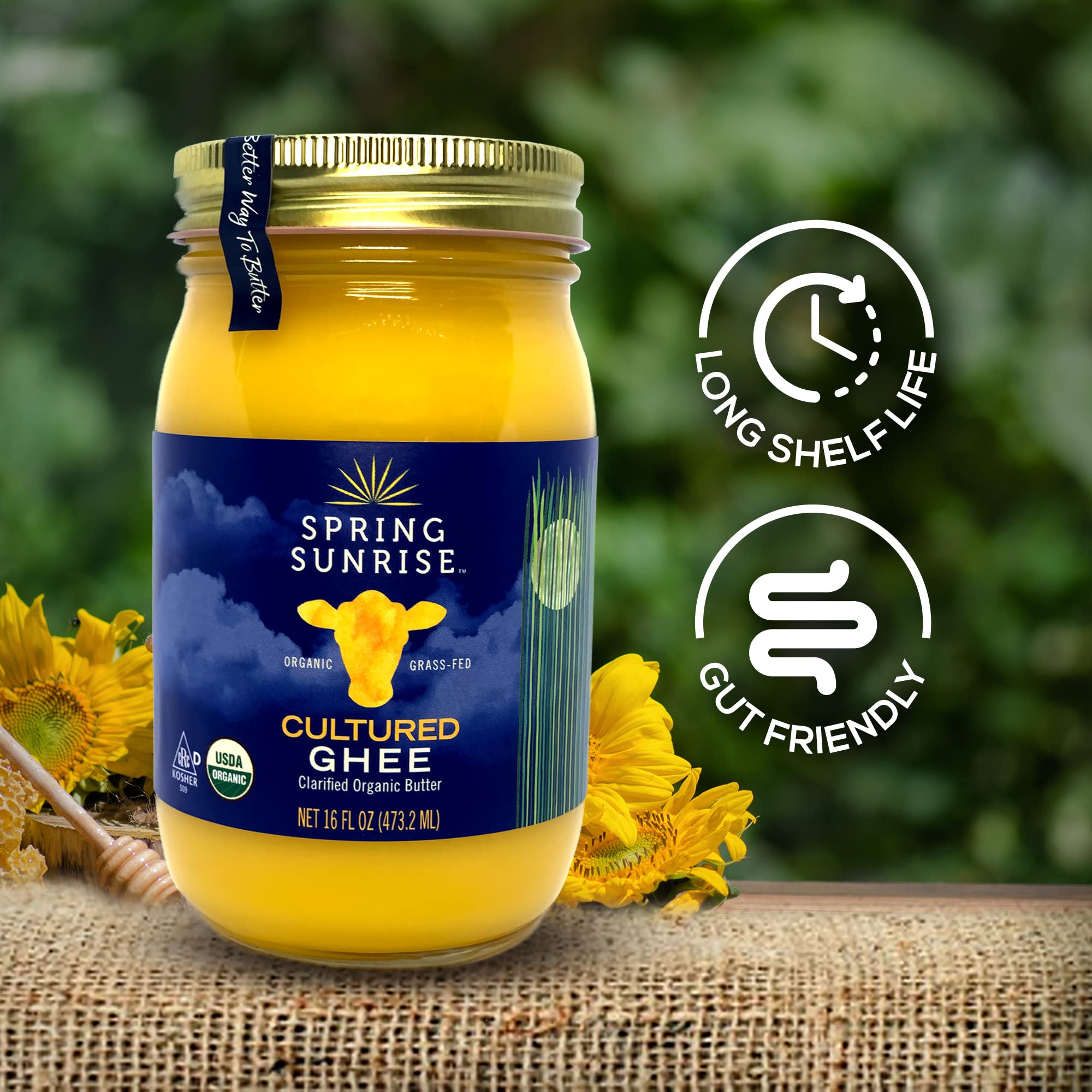 Spring Sunrise ghee close-up texture showing golden clarity and pure butterfat benefit