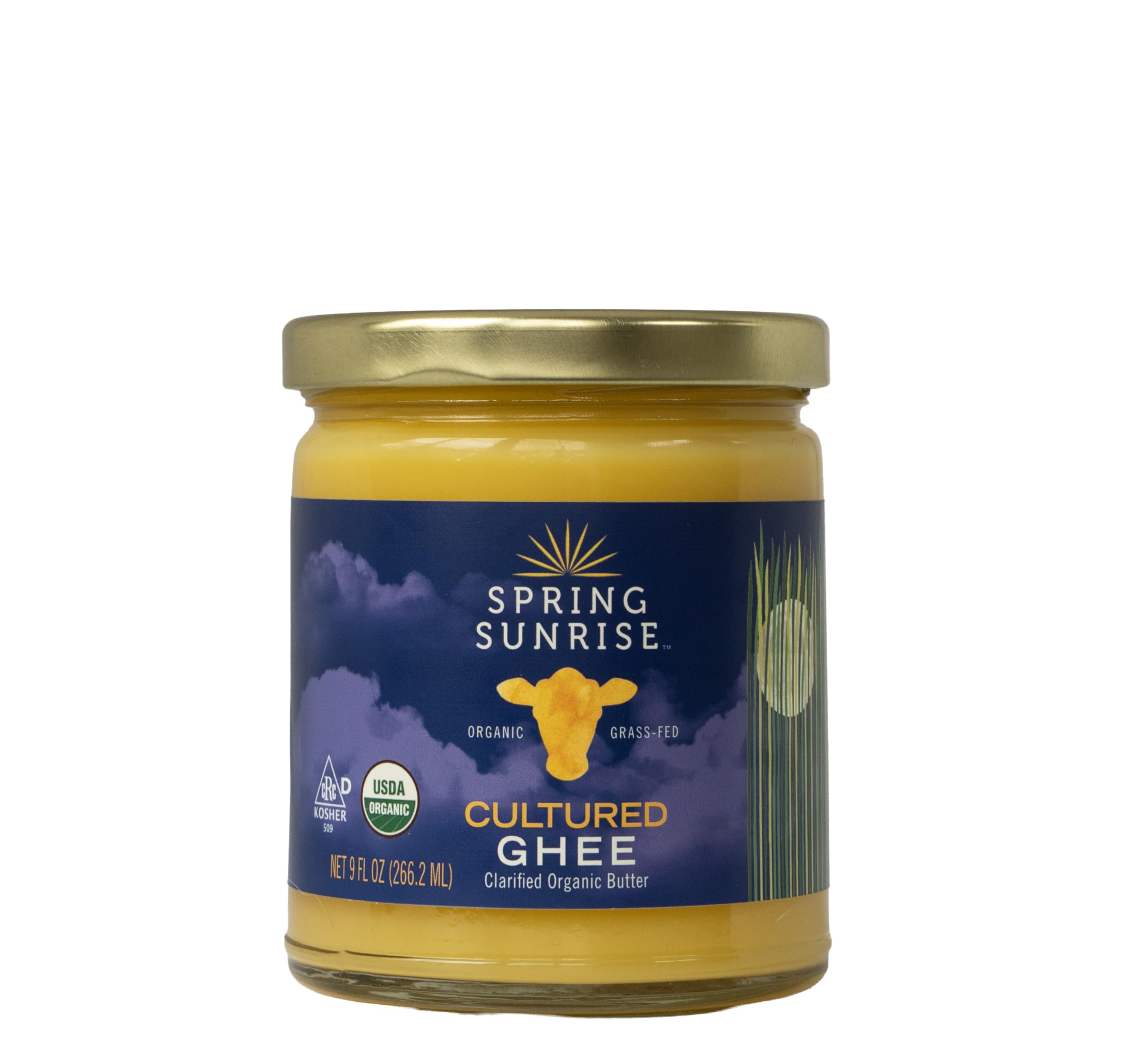 Spring Sunrise ghee front jar showcasing organic label and glass jar benefit