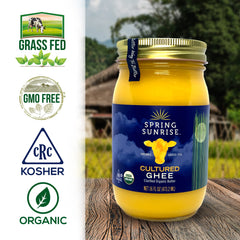 Spring Sunrise ghee scooped with spoon highlighting smooth texture and cooking convenience
