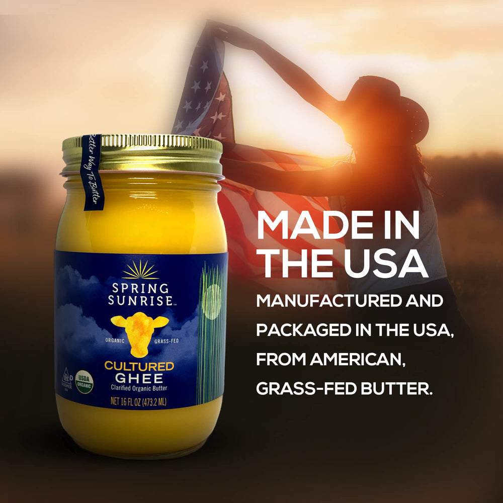 Spring Sunrise ghee 16 oz jar next to measuring cup showing pantry-friendly size benefit