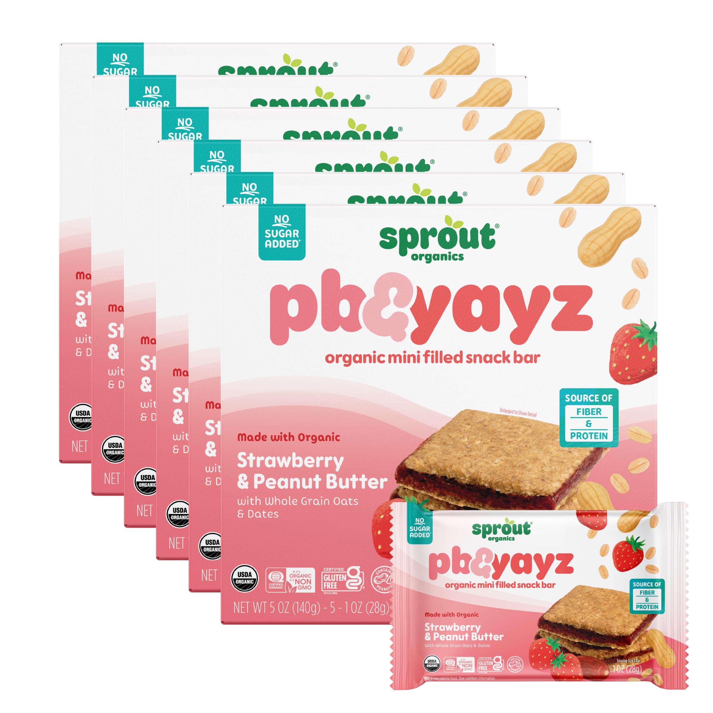 Sprout front packaging showing peanut butter and strawberry bars and benefits