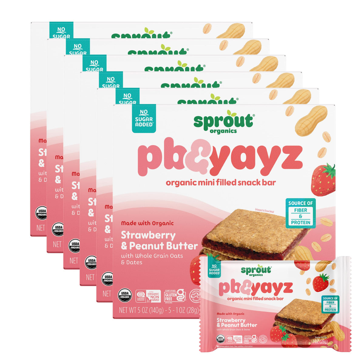 Sprout front packaging showing peanut butter and strawberry bars and benefits