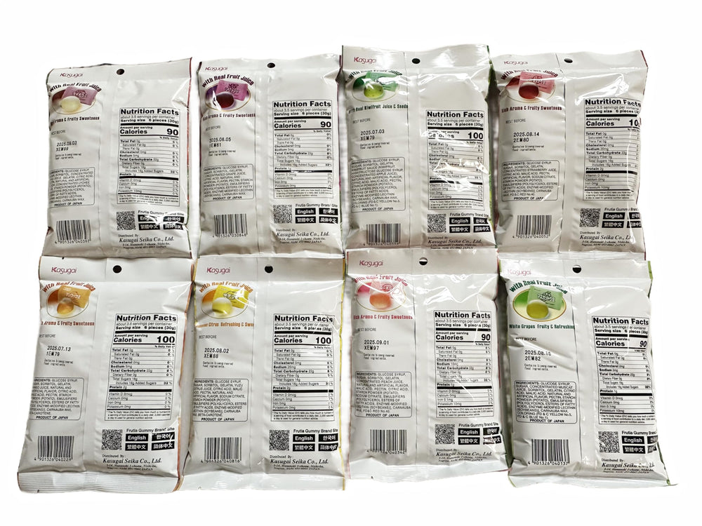 Sprout Talk Kasugai gummy close-up highlighting soft chewy texture and vivid fruit colors for true-fruit taste