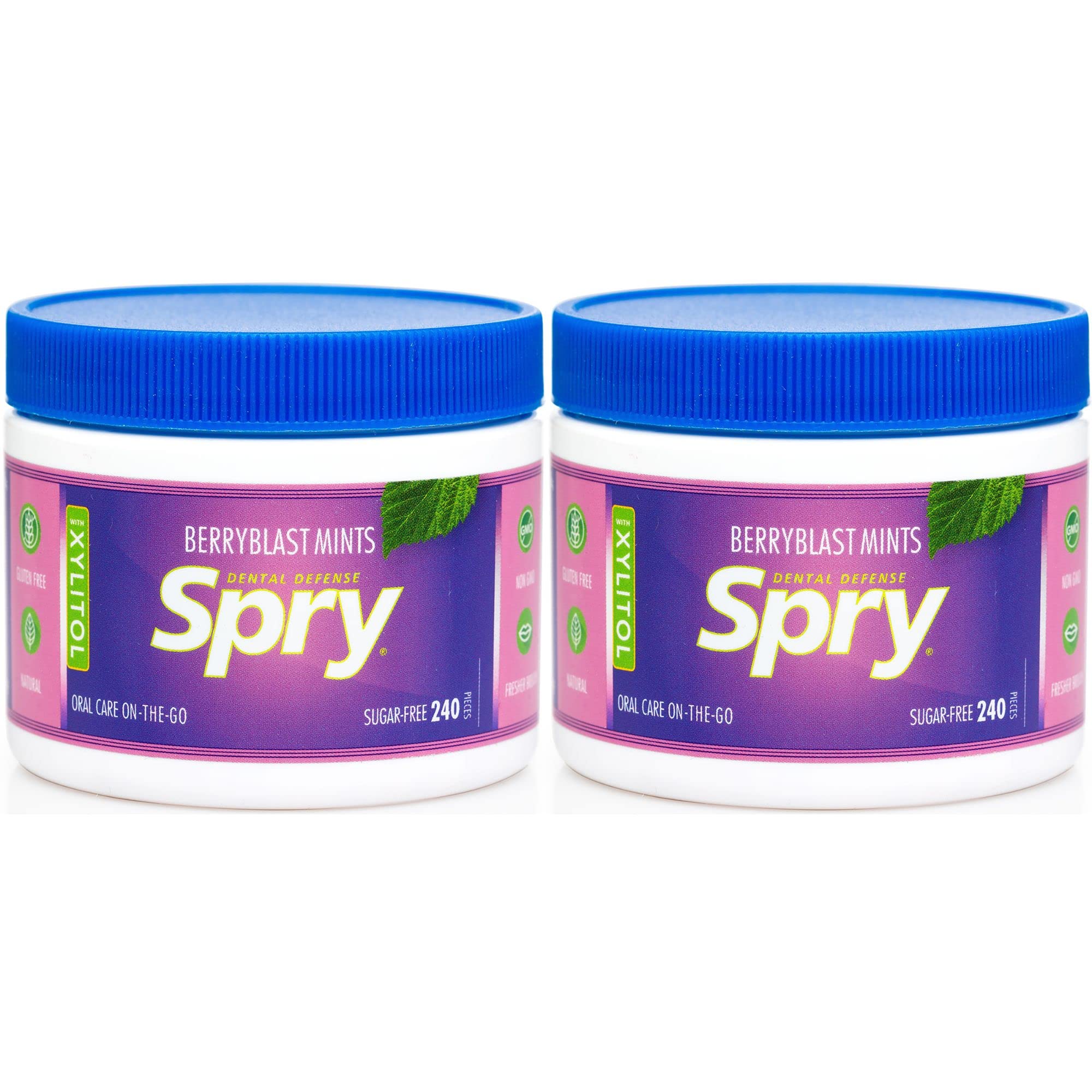 Spry Berry Blast front packaging showing twin 240-count tubs and fresh berry appeal
