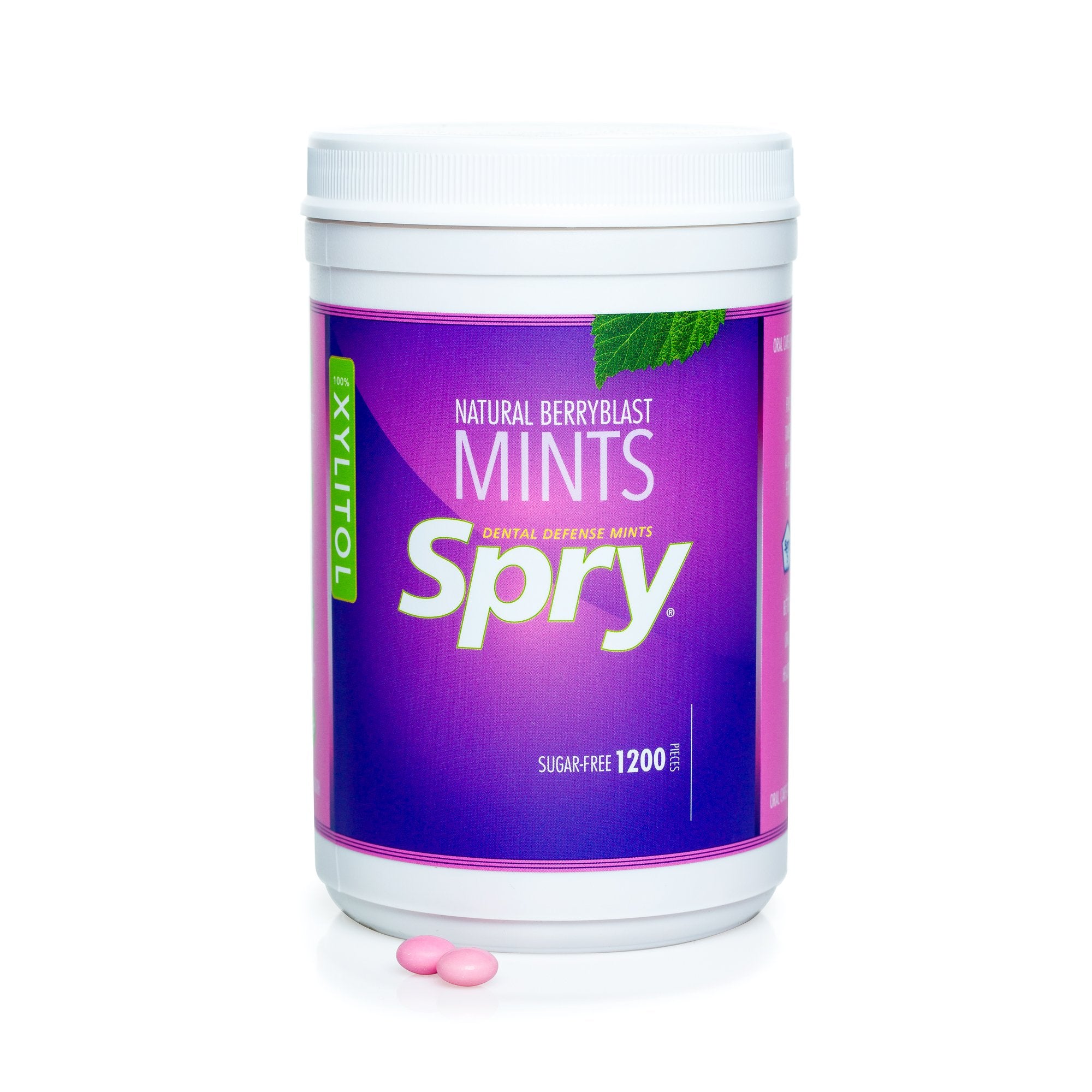 Spry jar open with scattered mints showing convenient bulk supply