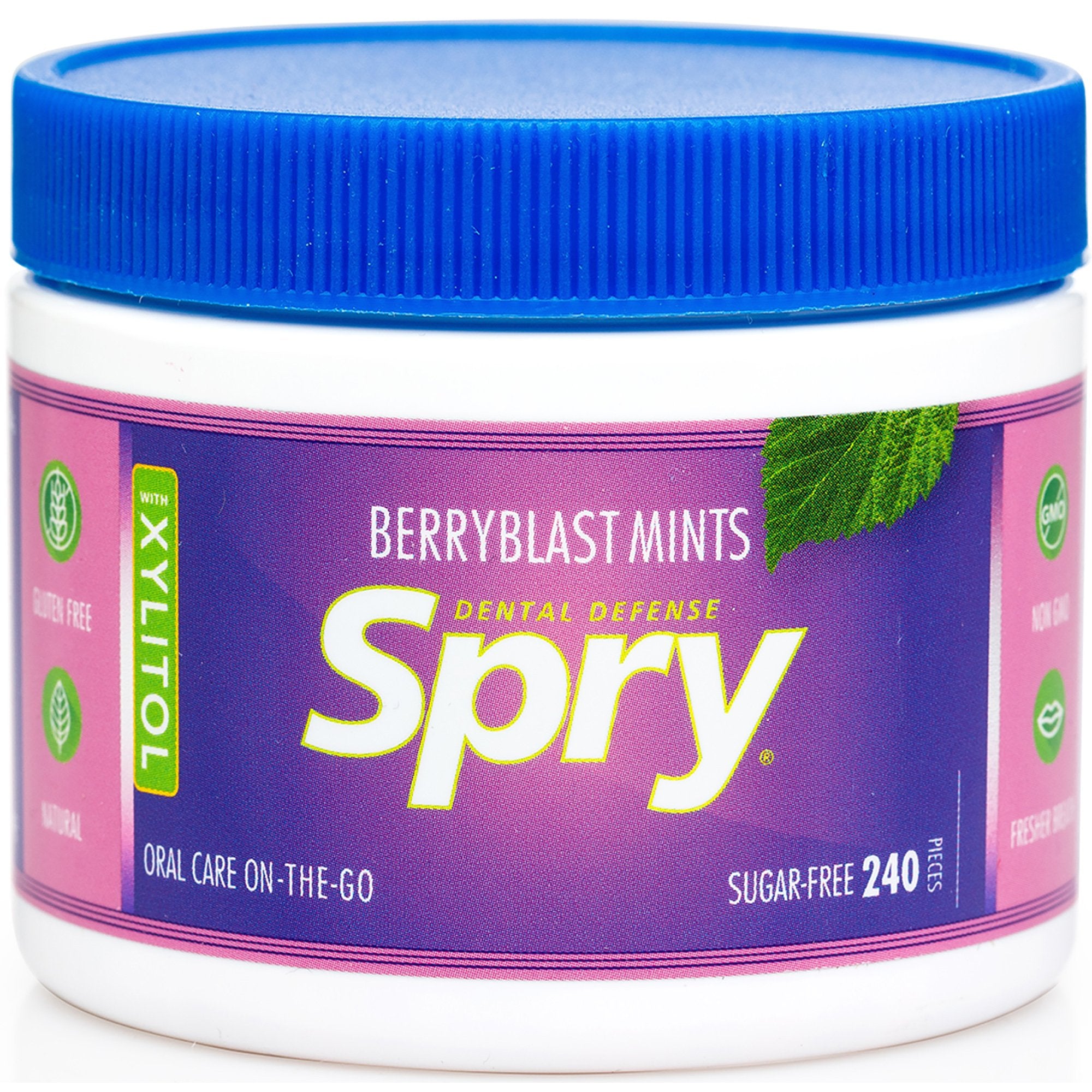Spry open tub exposing berry blast mints for convenient on-the-go freshness
