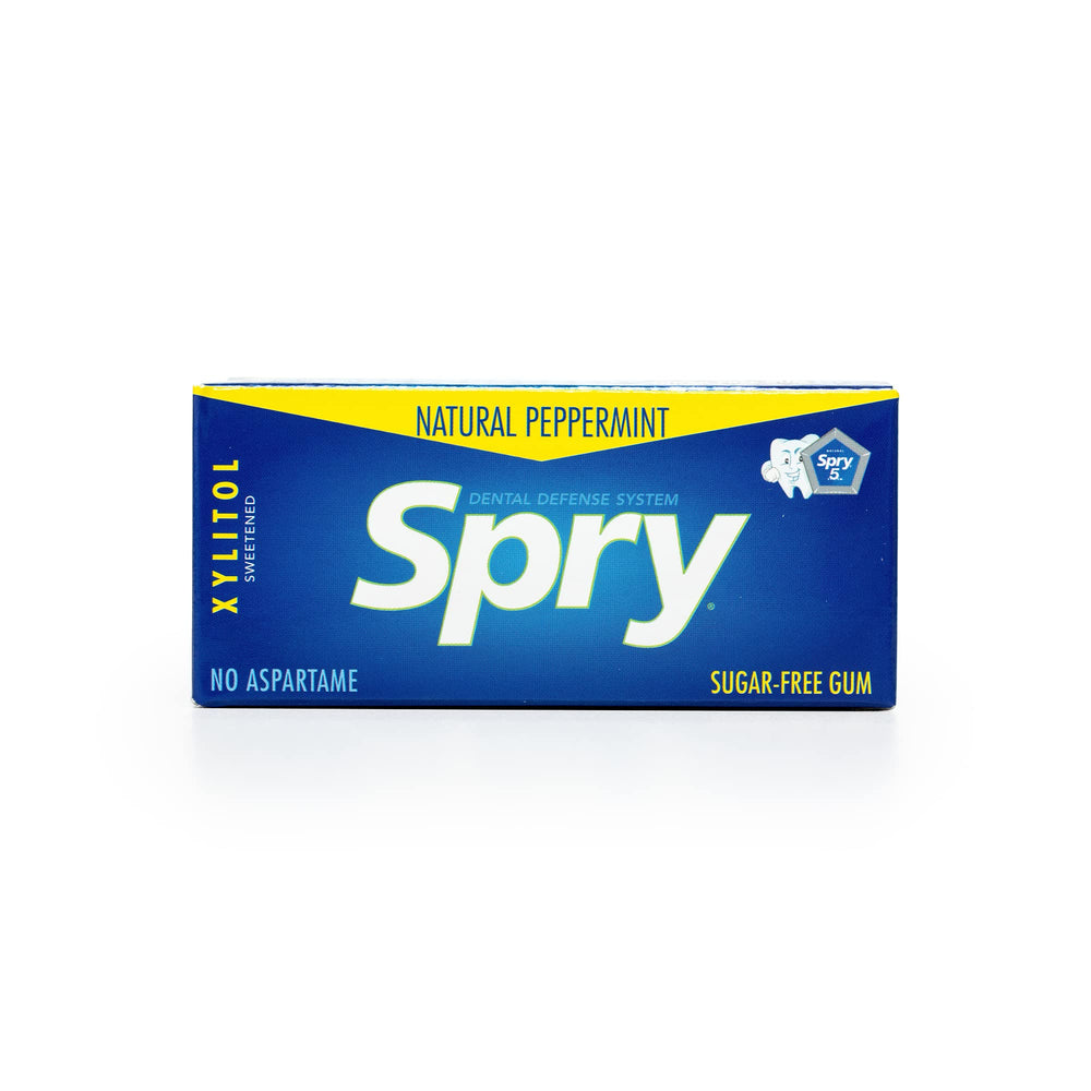 Spry blister opened revealing a single gum piece ready to chew for quick freshness