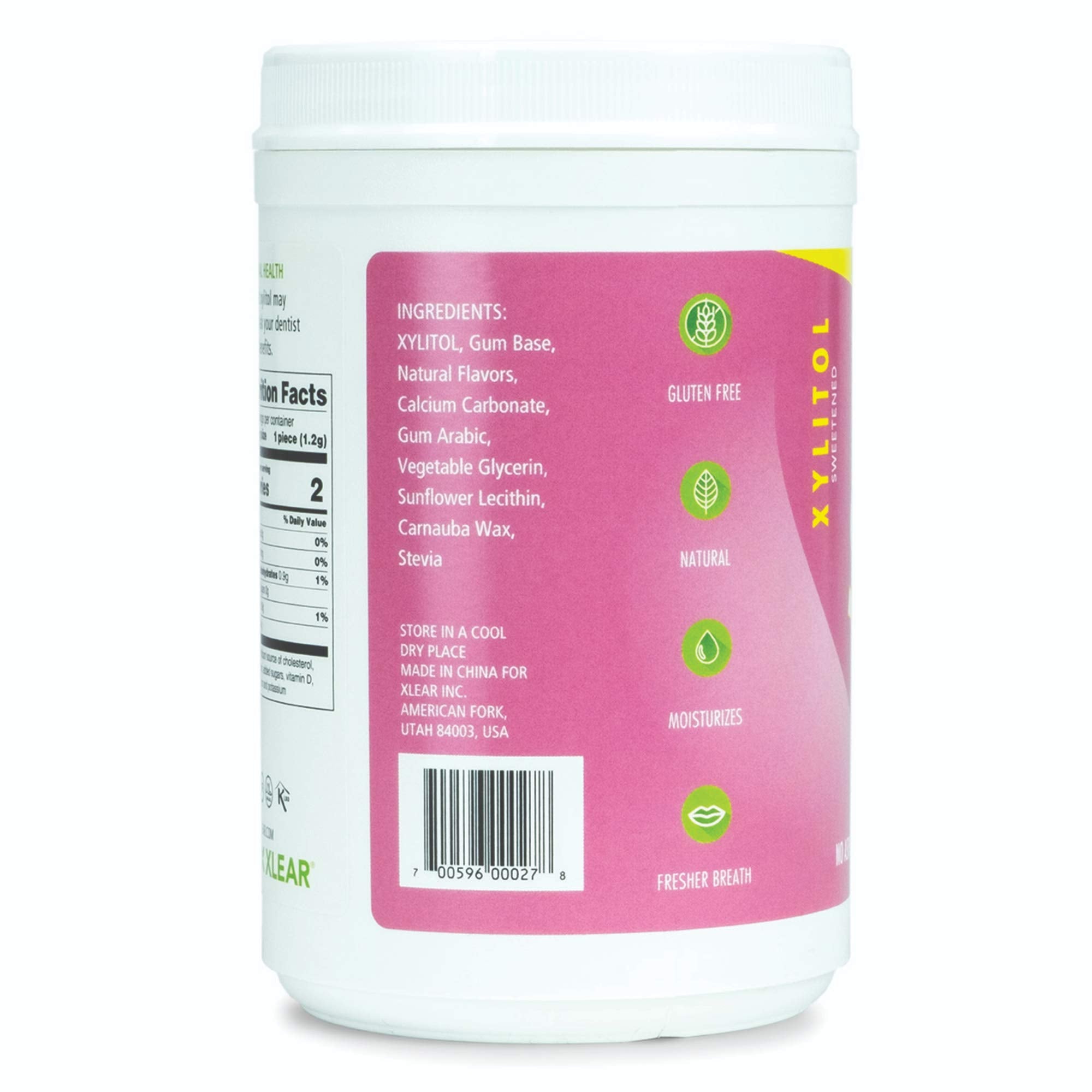 Close-up of Spry gum piece texture, highlights xylitol sweetening benefit