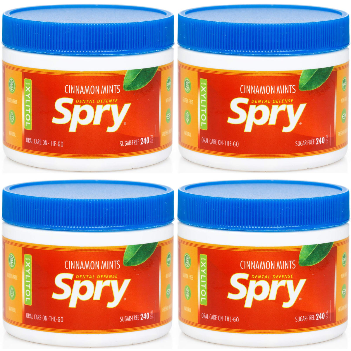 Spry cinnamon front packaging showing brand and sugar-free benefit