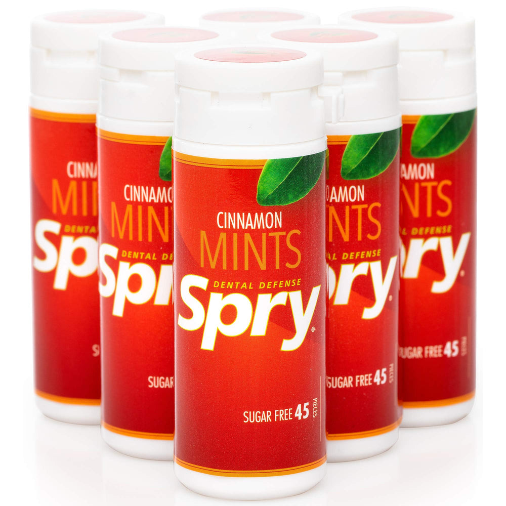 Spry cinnamon mint front packaging showing brand and count, convenient supply