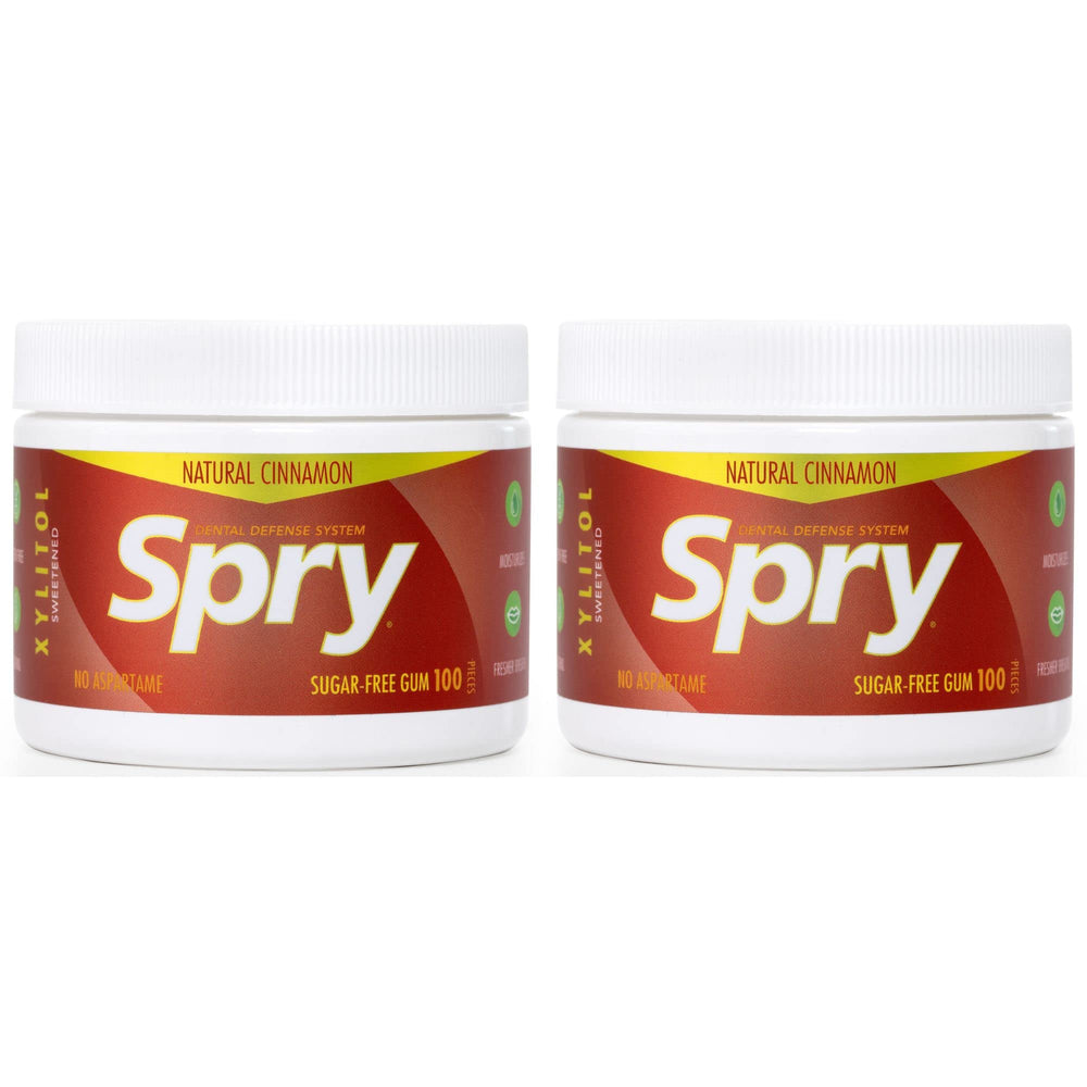 Spry cinnamon front packaging showing two tins and cinnamon flavor benefit