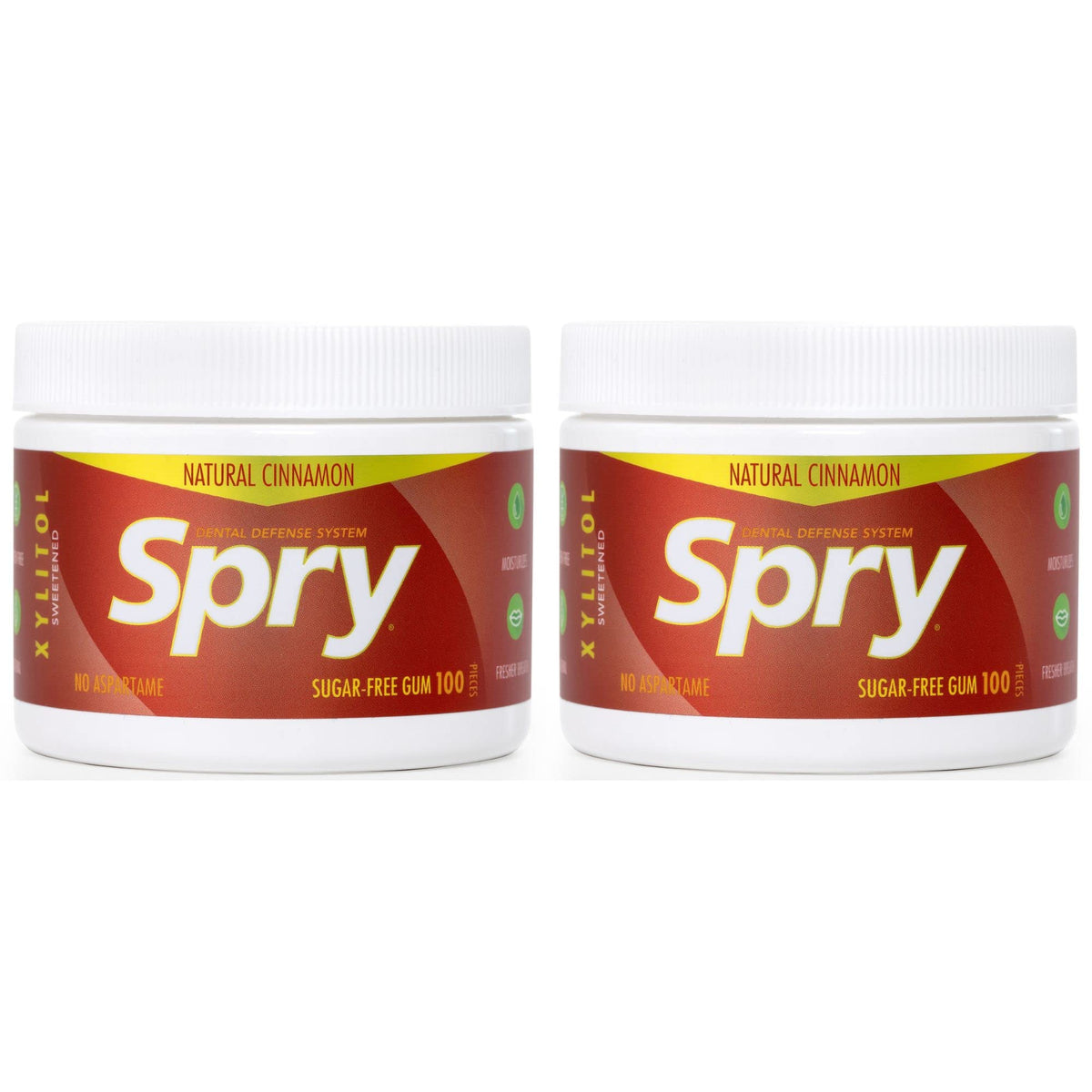 Spry cinnamon front packaging showing two tins and cinnamon flavor benefit