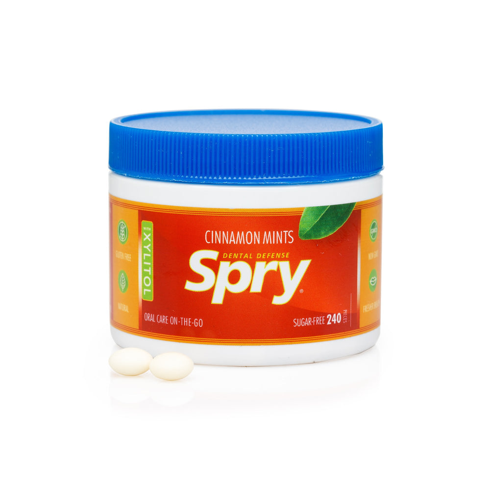 close view of Spry ingredients label emphasizing 100% xylitol and natural flavor