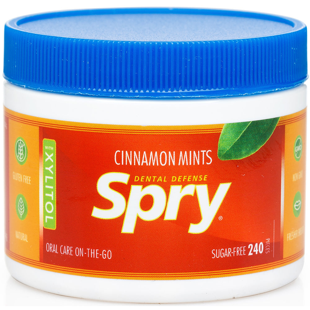 spry open tub with cinnamon mints spilling to show quantity and convenience