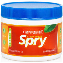 spry open tub with cinnamon mints spilling to show quantity and convenience