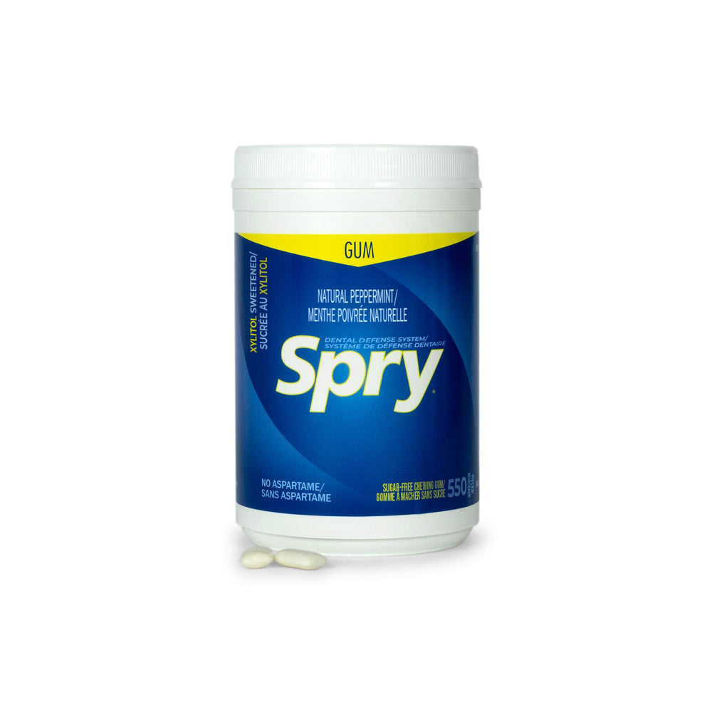 spry close-up of a single gum piece texture highlighting xylitol sweetener and smooth finish
