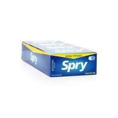 Close-up of Spry gum piece texture highlighting natural xylitol sweetness and chew