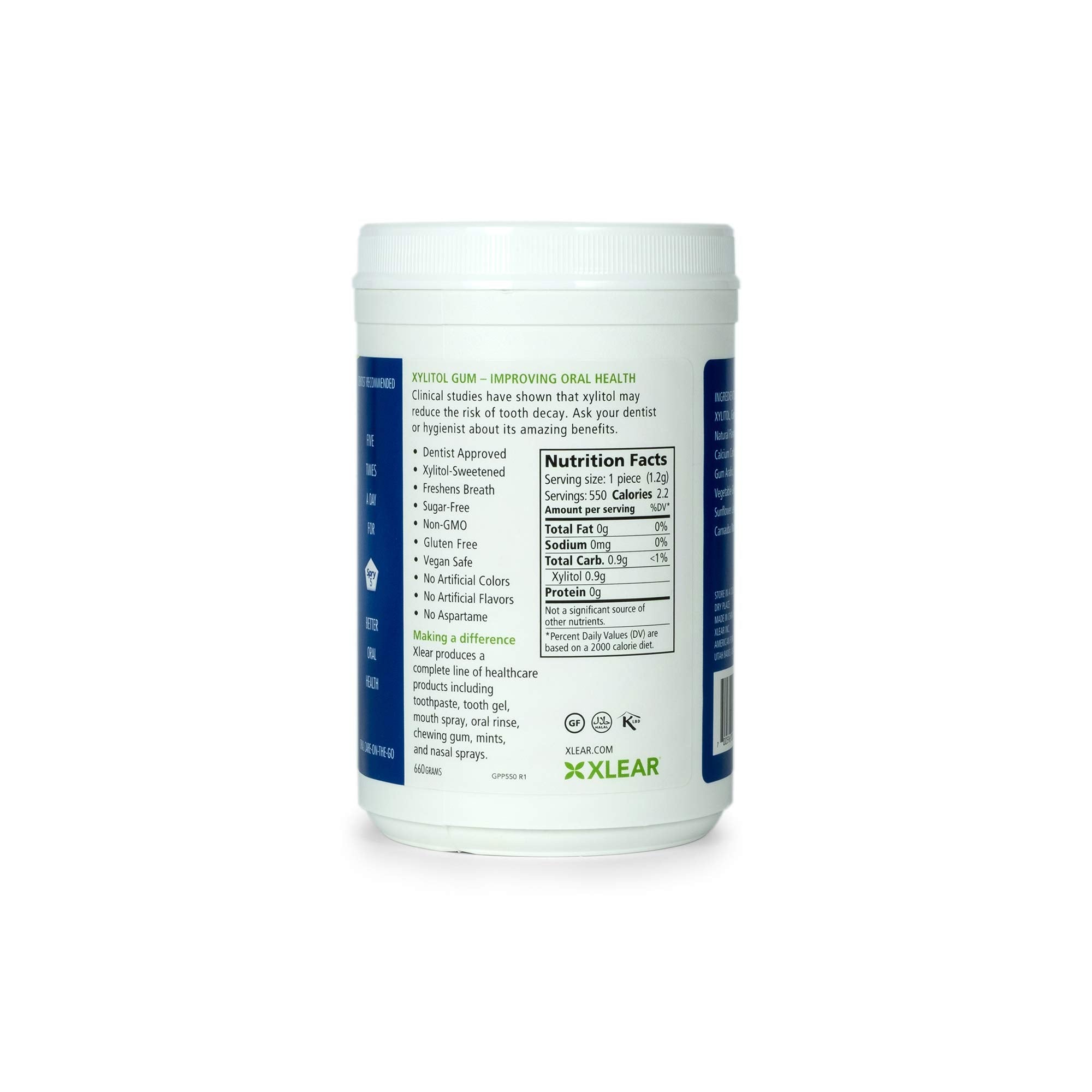 Clear ingredient label on Spry tub emphasizing xylitol and non-GMO benefit