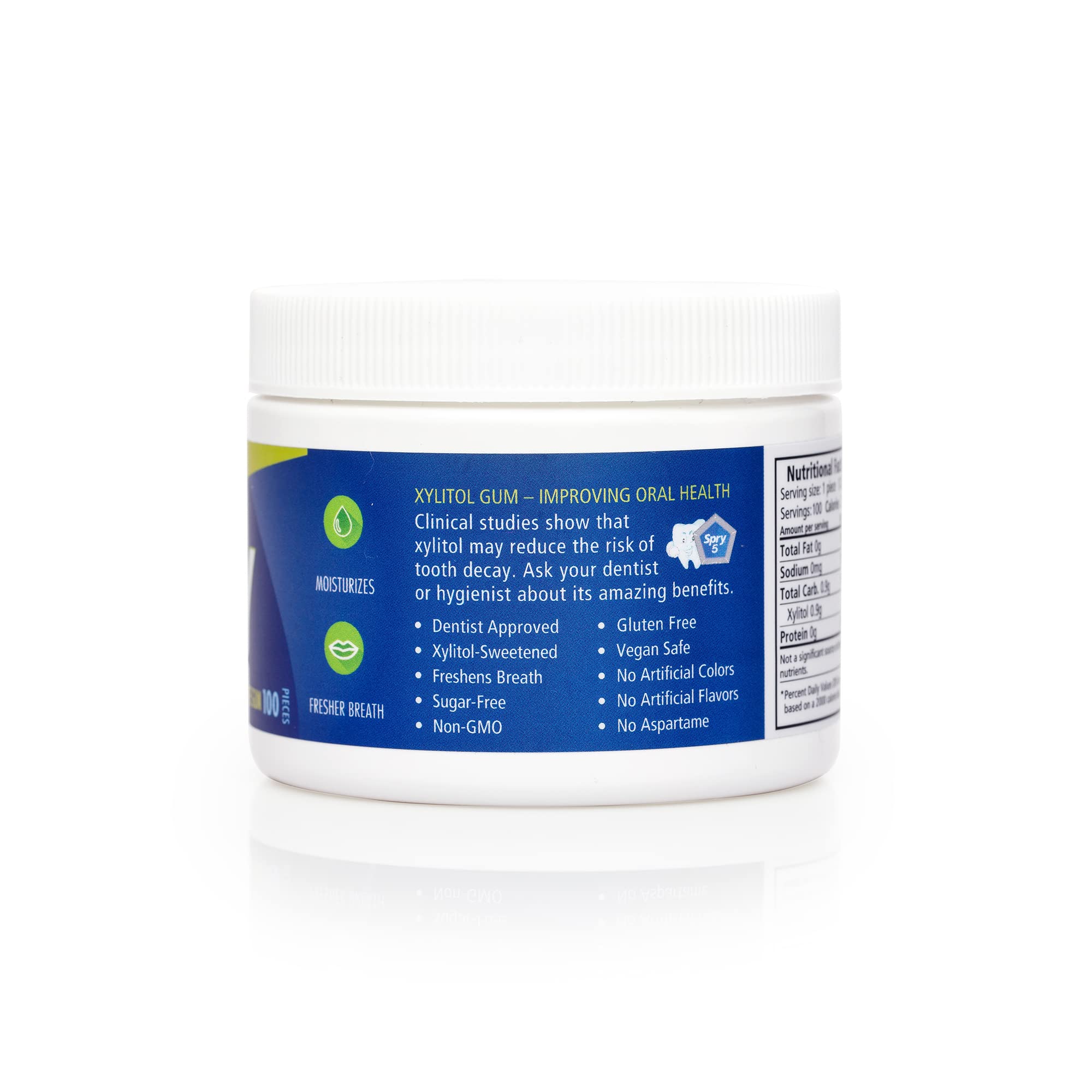 Spry peppermint tub in a car console illustrating travel-ready breath care convenience