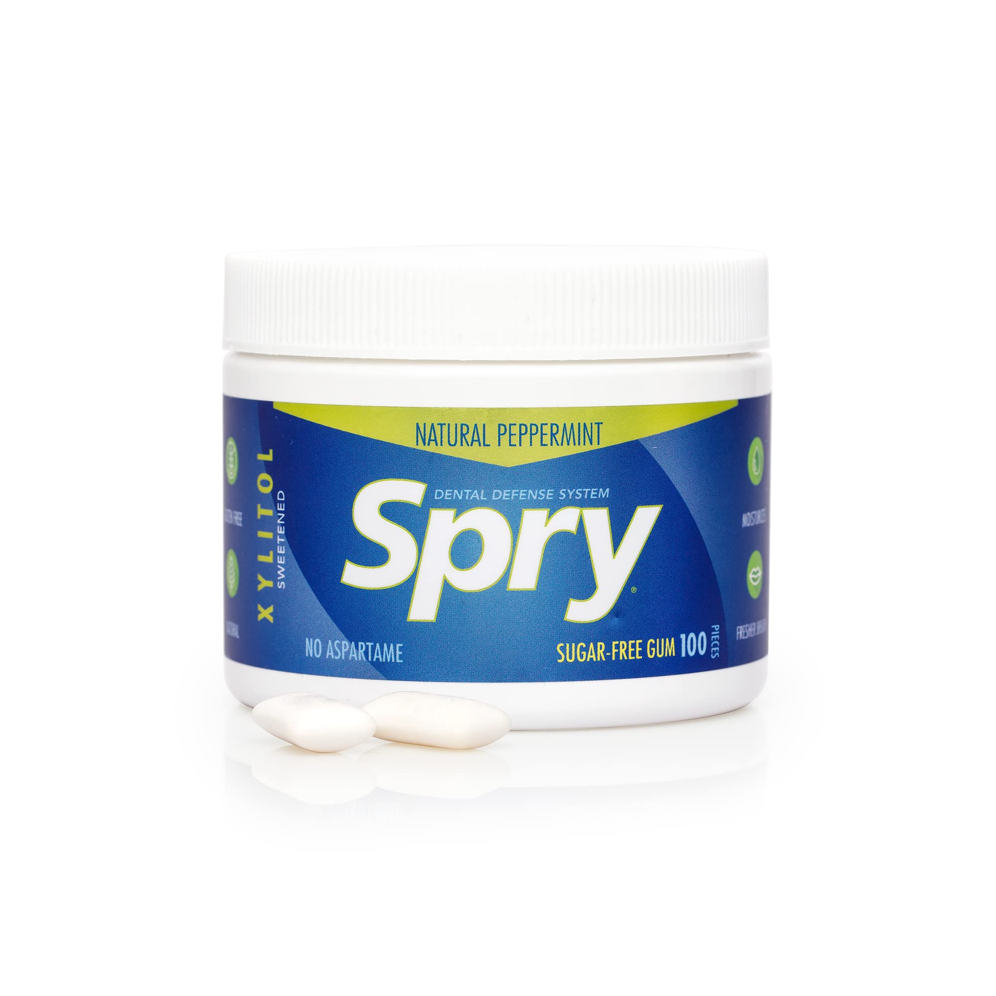 Spry peppermint gum label and facts panel detailing xylitol and ingredient benefits
