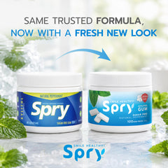 Spry tub with screw-top lid open displaying mint pieces and easy reseal benefit