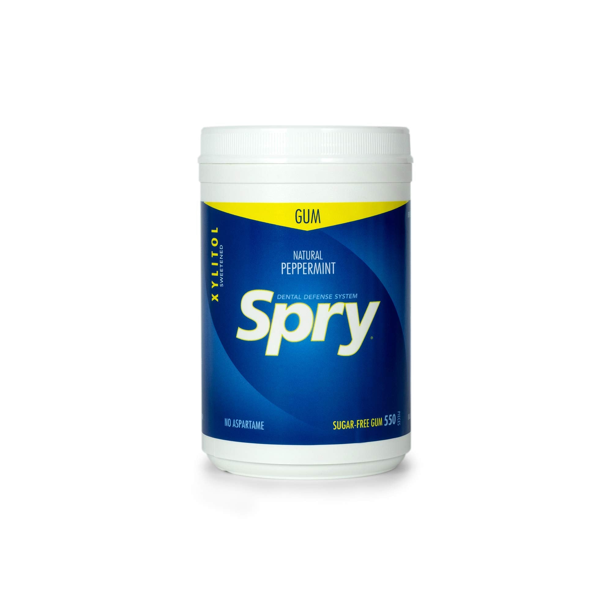 Open Spry tub with many peppermint gum pieces visible for long-lasting supply