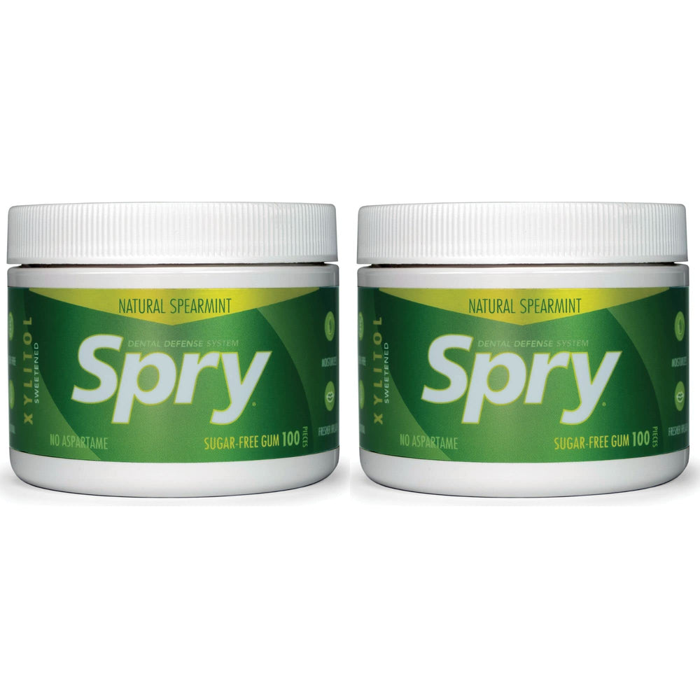 Spry spearmint front pack showing two 100-count tubs and brand clarity for fresh breath