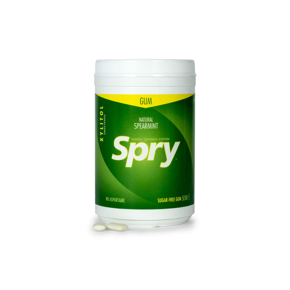 Spry spearmint front tub showing brand and count for convenient freshness