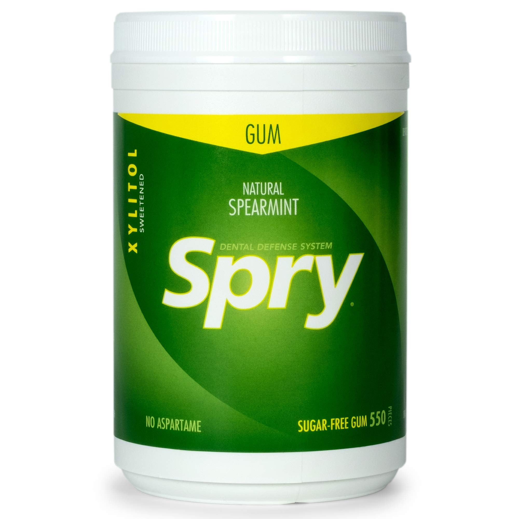 Detail of Spry spearmint label emphasizing xylitol and gluten-free benefits