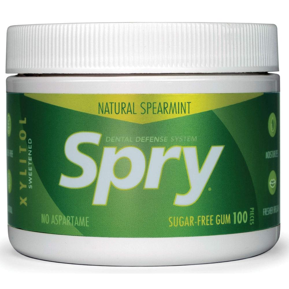 Spry ingredient label close view emphasizing xylitol and non-GMO gluten-free benefits