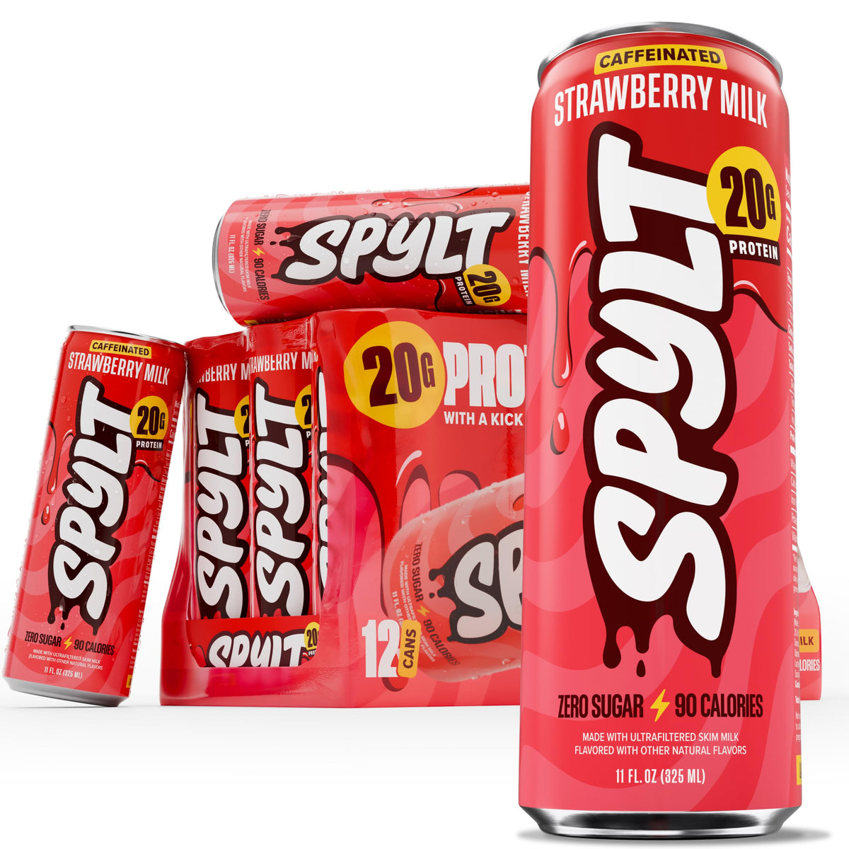 Spylt can front view showing strawberry milkshake flavor and easy grab convenience