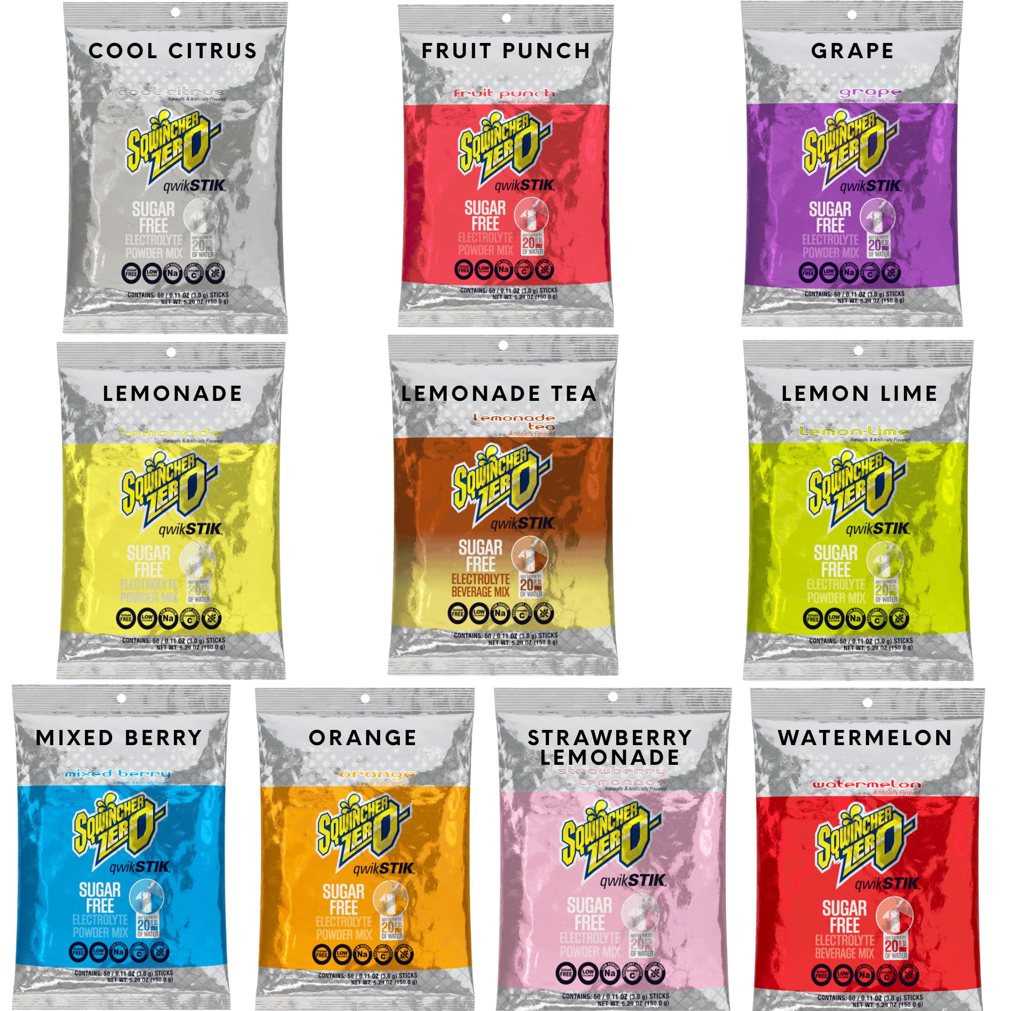Sqwincher Zero front packaging showing 500 sticks and variety flavors benefits fast hydration