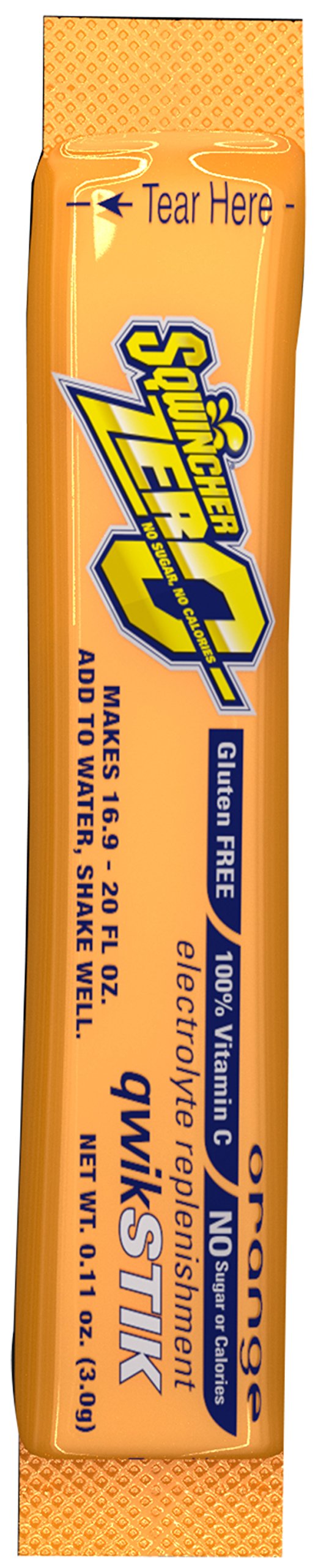 Sqwincher pouch front view showing orange single-serve, convenient on-site hydration
