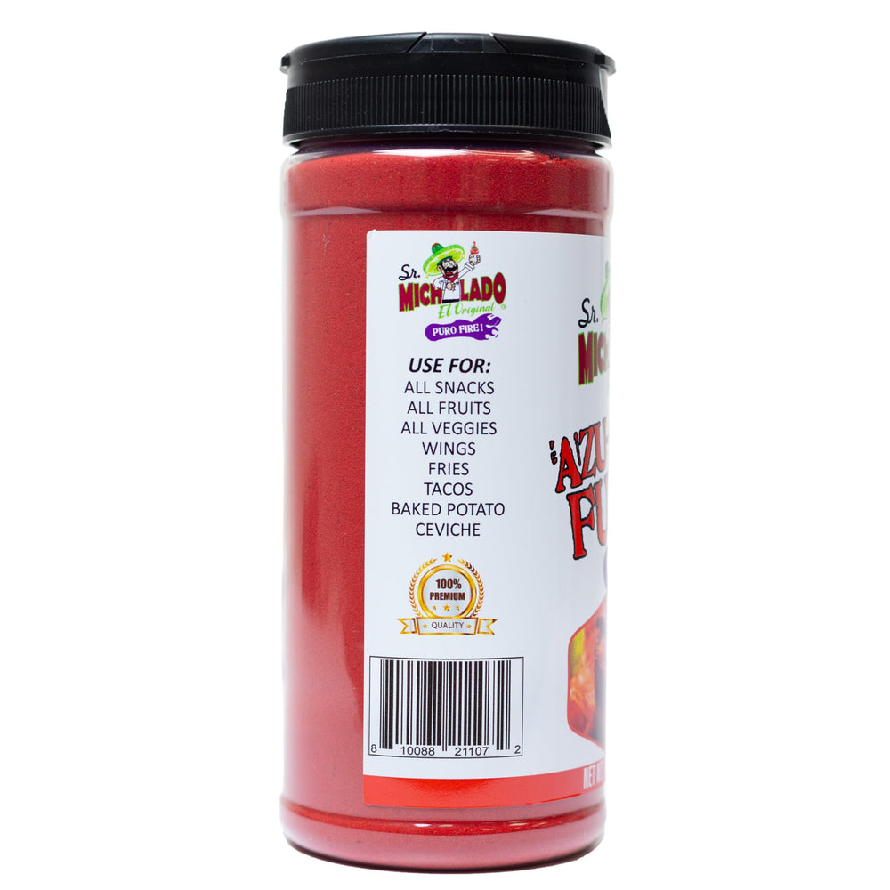 Sr. Michelado seasoning sprinkled on fruit and chips for spicy-sweet contrast