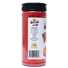 Sr. Michelado seasoning sprinkled on fruit and chips for spicy-sweet contrast
