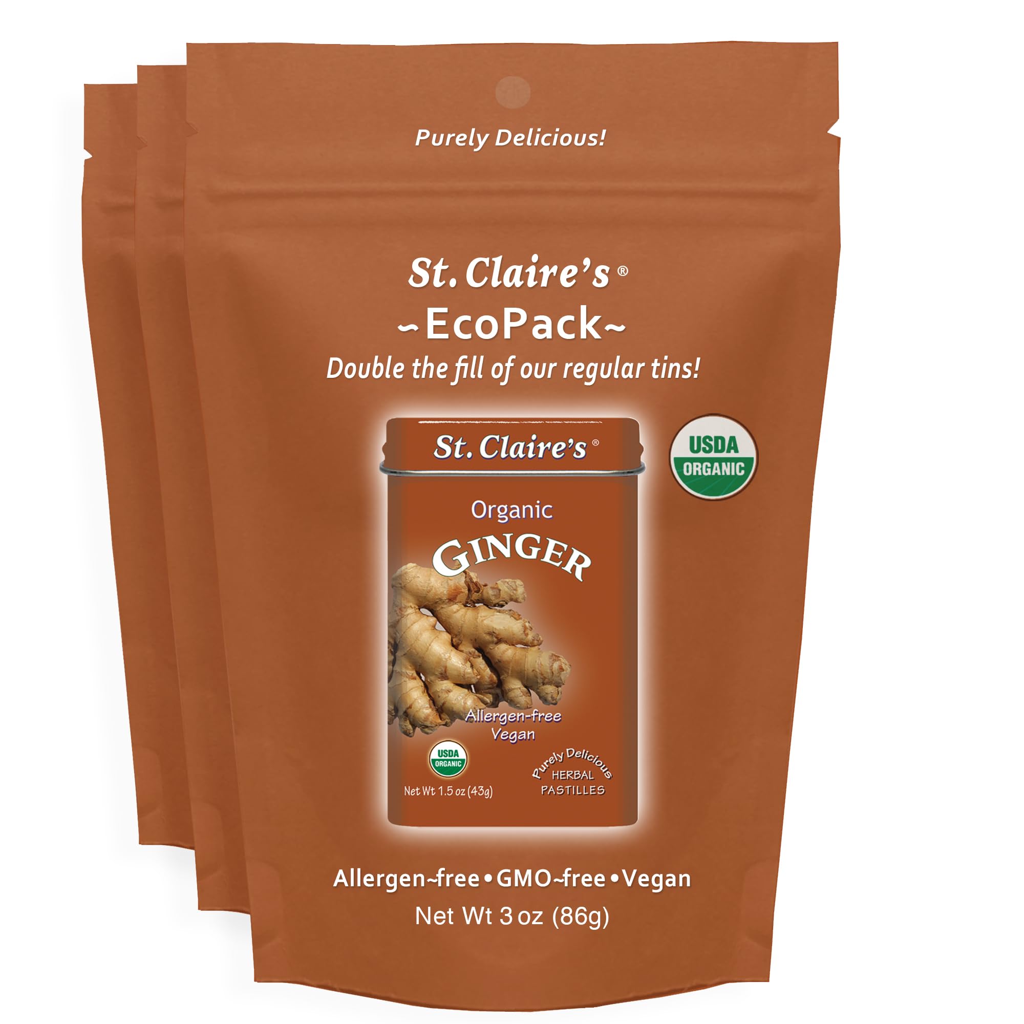 St. Claire's front pack showing EcoPack and organic ginger benefit