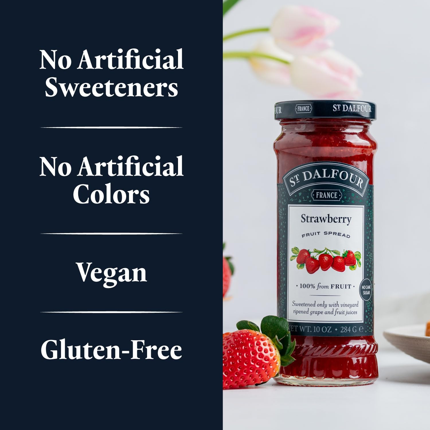 Open St. Dalfour jar with spoon showcasing spread consistency and sheen