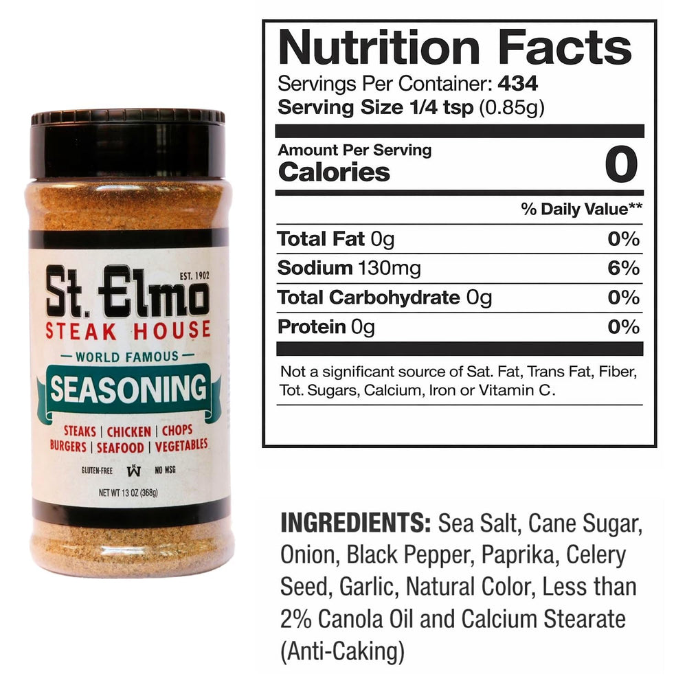 St Elmo Steak House shaker top with easy-dispense cap for controlled seasoning