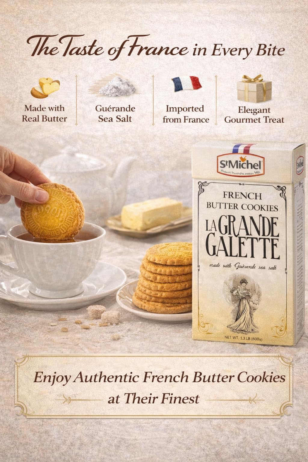 Hand holding a St Michel galette to show scale and portion guidance
